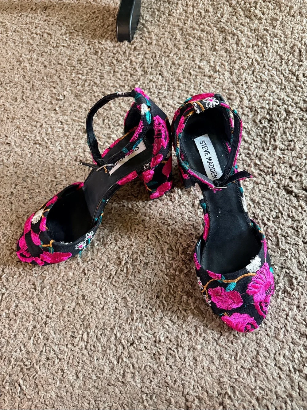 Steve Madden Black Heels with Pink Floral Embroidery